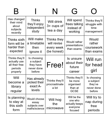 Yr 10 Experience day Bingo Card