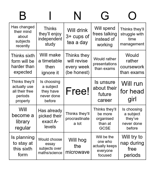 Yr 10 Experience day Bingo Card