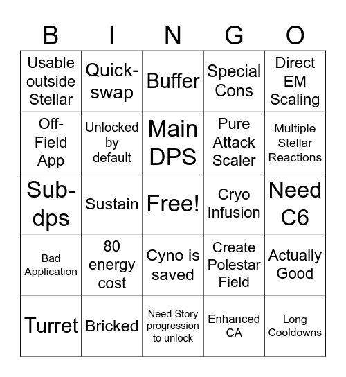 Cryo Trav Bingo Card