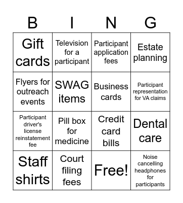 SSVF Allowable Costs Bingo Card