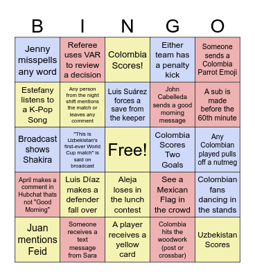 Colombia World Cup Bingo Card