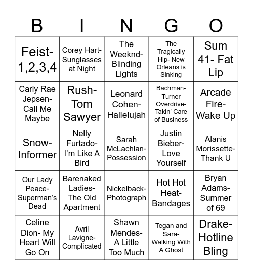 Radio Bingo Oh, Canada Bingo Card