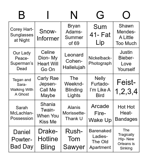 Radio Bingo Oh, Canada Bingo Card