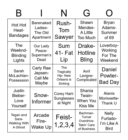 Radio Bingo Oh, Canada Bingo Card