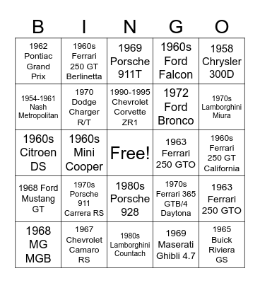 Classic Cars Bingo Card