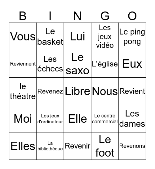 Unité 5- Revenir, le Vocabulaire, et les Pronoms  Bingo Card