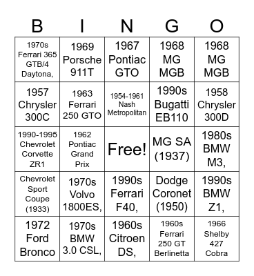 Classic Cars Bingo Card