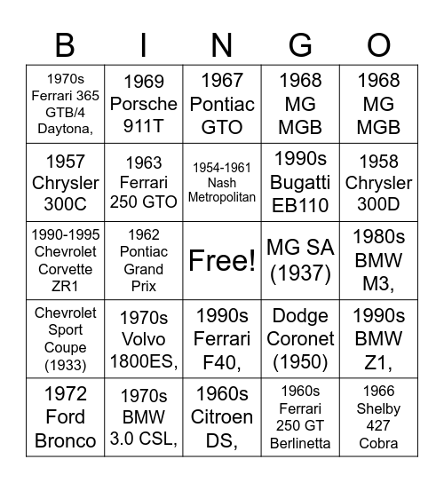 Classic Cars Bingo Card