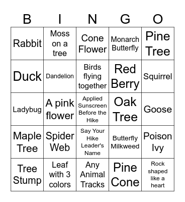 Hiking Bingo Card