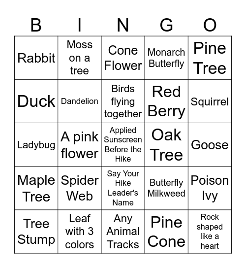 Hiking Bingo Card