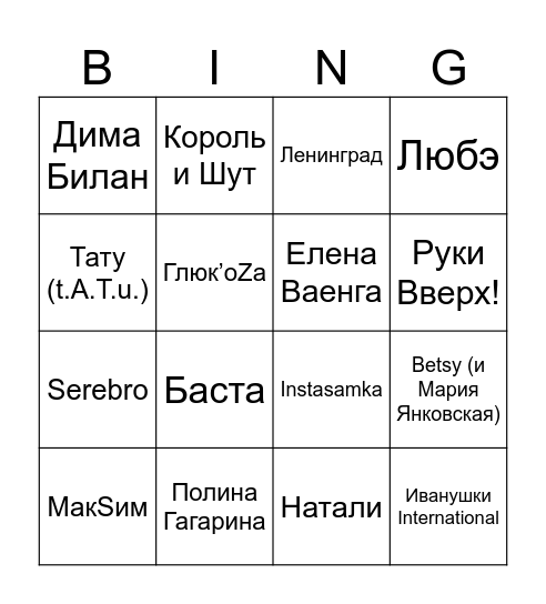 Исполнитель	Название песни	Эпоха Руки Вверх!	«Крошка моя»	90-е / 2000-е Агата Кристи	«Осенний сон»	90-е Тату (t.A.T.u.)	«Нас не догонят»	2000-е Дима Билан	«Невозможное возможно»	2000-е Глюк’oZa	«Снег идёт»	2000-е Король и Шут	«Кукла колдуна»	90-е / 2000 Bingo Card