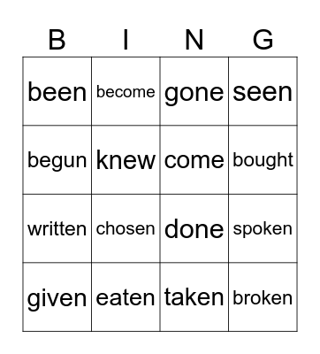Irregular verbs Bingo Card