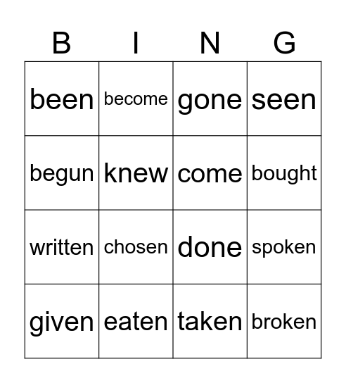 Irregular verbs Bingo Card