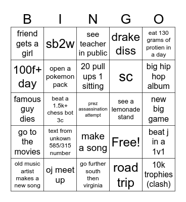 Summer Break Bingo Card