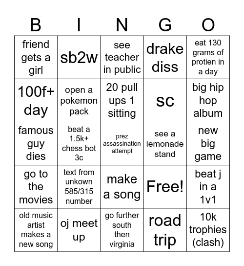 Summer Break Bingo Card