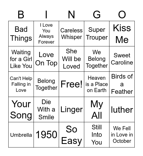 Love Songs Bingo Card
