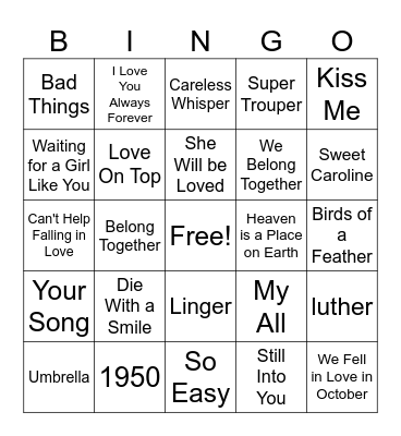Love Songs Bingo Card