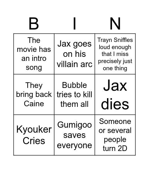 The TADC Digital Circus aAmazing Bingo Card
