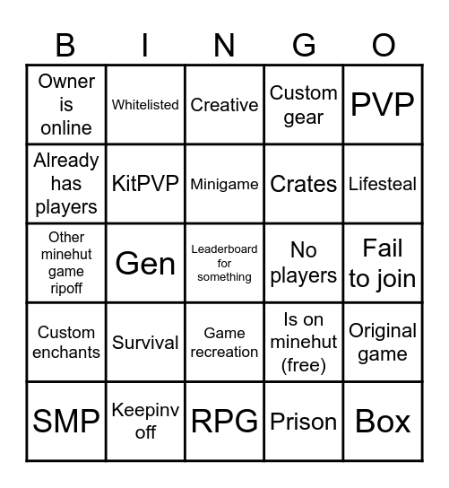 Minehut bingo Card