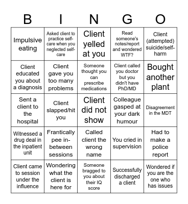 Mental Health Clinician Bingo Card