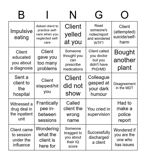 Mental Health Clinician Bingo Card