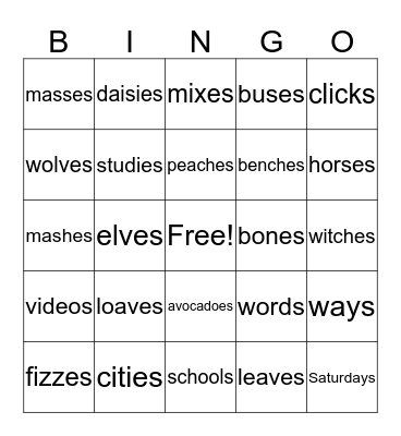 Plurals Bingo Card