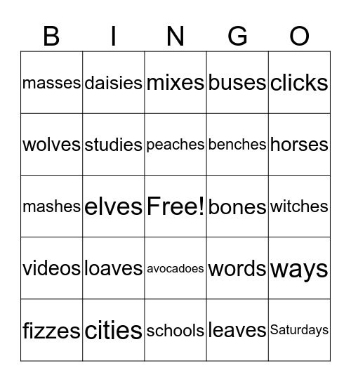 Plurals Bingo Card