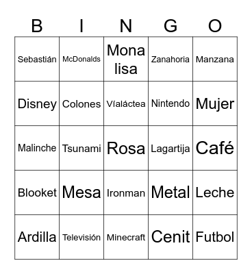 Hiperonimos y hiponimos Bingo Card