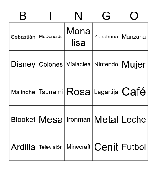 Hiperonimos y hiponimos Bingo Card