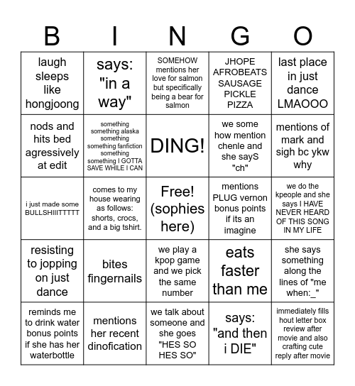 Things sophie WILL do Bingo Card