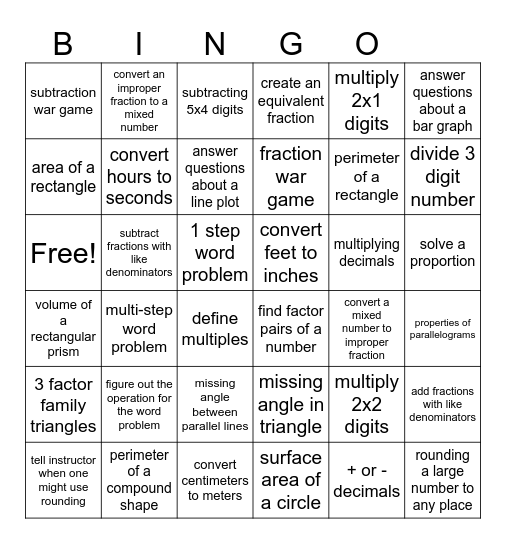 Math Madness Bingo Card