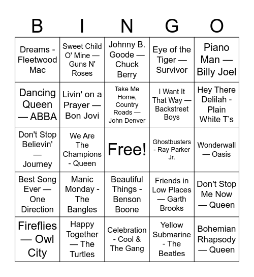 Greatest Hits Singo Bingo Card