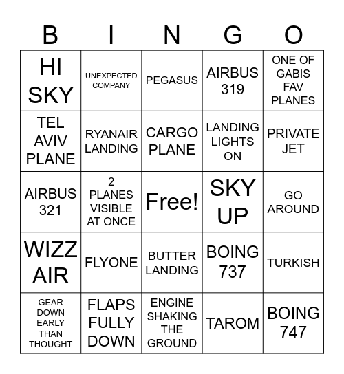 Plane Spotting Bingo Card