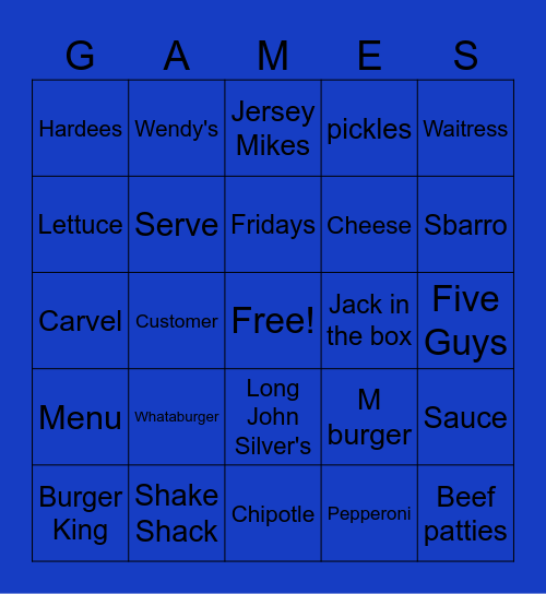 Fast Food Bingo Card