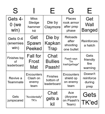 Siege Bingo! Bingo Card