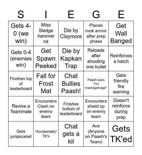 Siege Bingo! Bingo Card