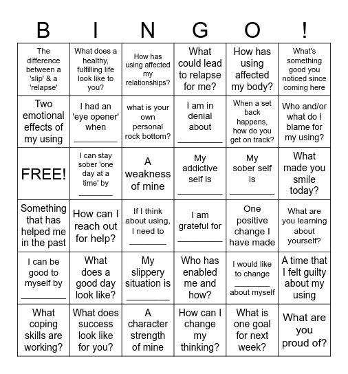 Substance Abuse Recovery BINGO Card