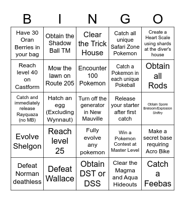 Pokemon Emerald Lockout Bingo - 1 Bingo Card