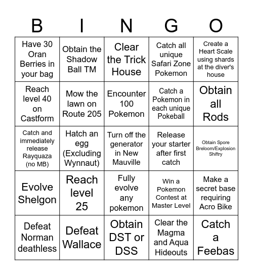 Pokemon Emerald Lockout Bingo - 1 Bingo Card