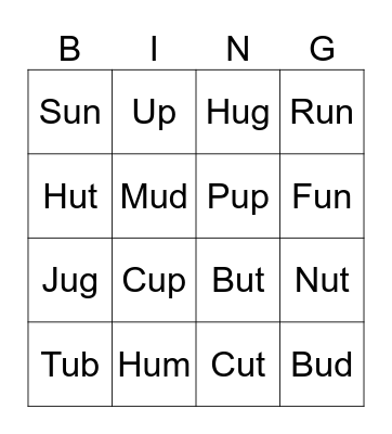Letter "u" Phonics Bingo Card