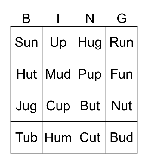 Letter "u" Phonics Bingo Card