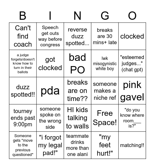 Speech and Debate Bingo Card