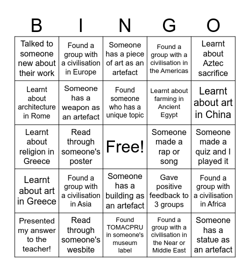 Exhibition Bingo Card