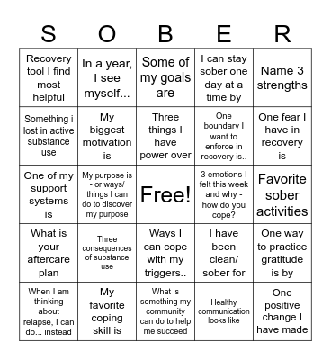 Recovery Bingo Card