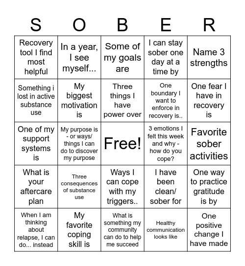 Recovery Bingo Card
