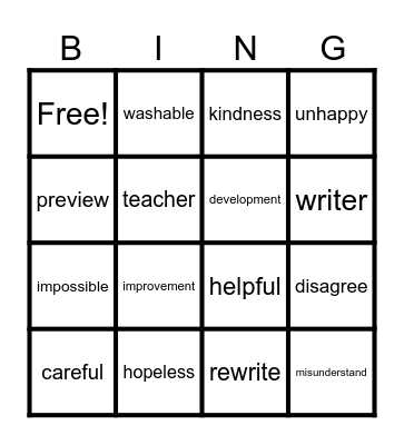 AFFIXES: PREFIXES AND SUFFIXES Bingo Card