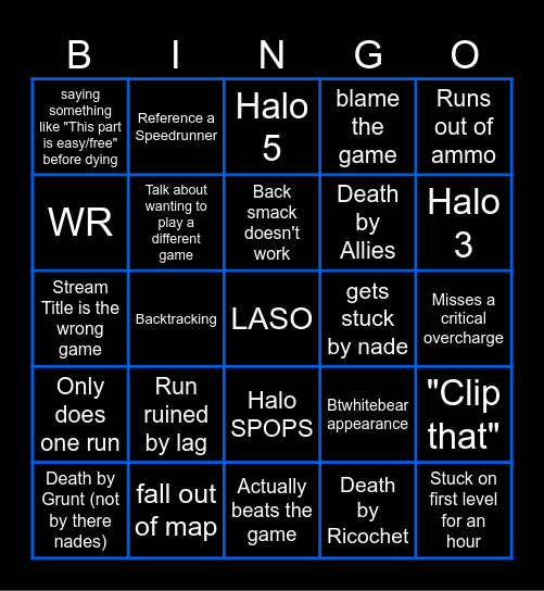 Halo deathless LASO Bingo Card