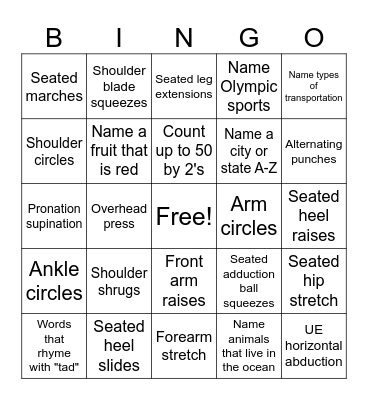 Exercise Bingo Card