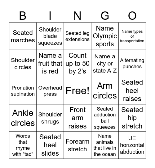 Exercise Bingo Card