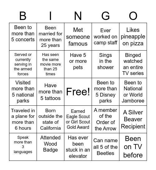 MSR Adult Leader Bingo Card